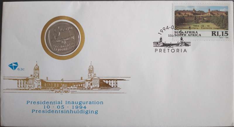 RSA FDC--Presidential Inauguration-Nelson Mandela-R5 Coin WITH VARIETY  PARTIAL STEPS-SCARCER !!!