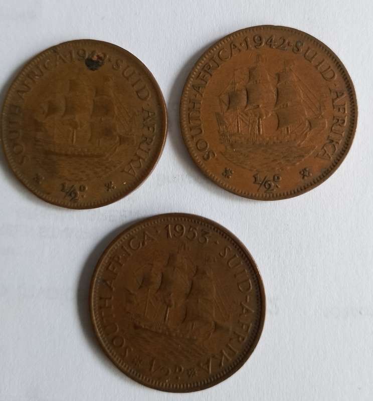 UNION 1940s-1950s 1/2D coins x3