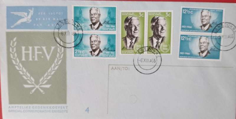 RSA 1966 Verwoerd Commemoration FDC 4 WITH VARIETY PAIRS OF STAMPS