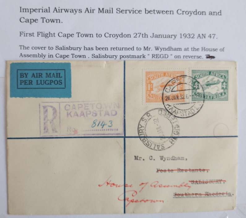 UNION 1932 IMPERIAL AIRWAYS 1ST FLIGHT COVER CPT-CROYDON. . RETURNED. READ BELOW