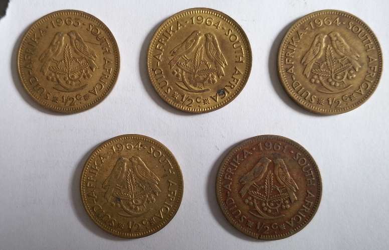 UNION 1/2 CENT COINS FOR 1960s X5 (A)