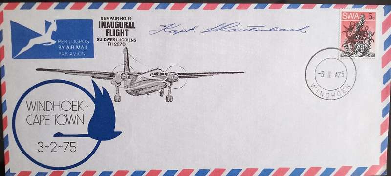 SWA FIRST FLIGHT CAPETOWN-WINDHOEK FH2278-1975 CAPTAIN SIGNED