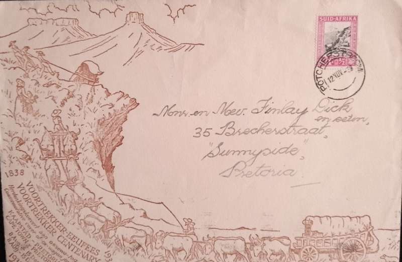 VOORTREKKER 1938 CANCEL POTCHESTORM FDC ADDRESSED TO THE ARTIST WHO DESIGNED  SWA FDCS D,FINLAY