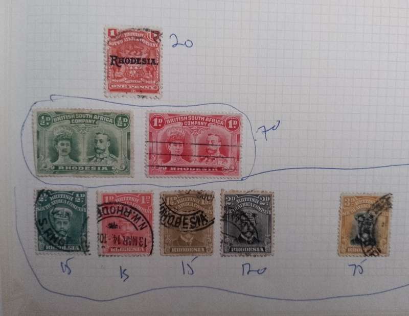 RHODESIA BRITISH SOUTH AFRICA COMPANY X8 STAMPS (BSAC)