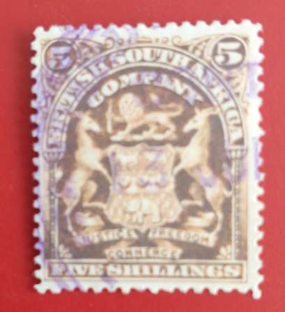 BRITISH SOUTH AFRICA COMPANY (BSAC) 5 SHILLING BROWN ORANGE USED 1898-1908