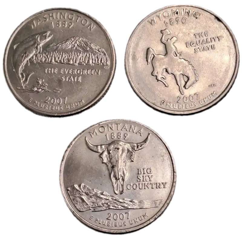 USA QUARTER DOLLARS X3 -MONTANA.WASHINGTON.WYOMING ALL 2007
