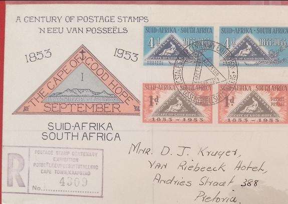 UNION FDC 100 YEARS CAPE TRIANGLE POSTAGE STAMPS 1953