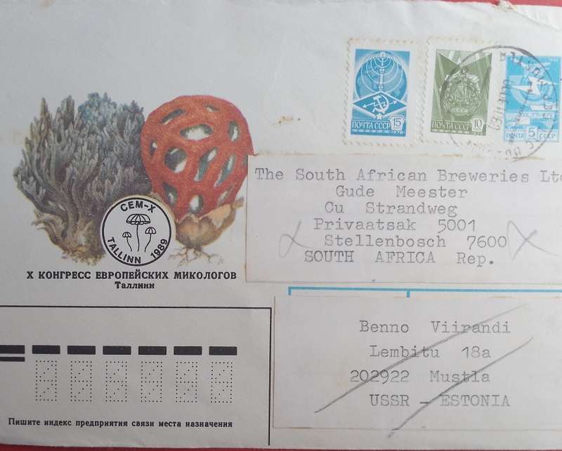 ESTONIA (USSR) 1989 AIR LETTER SENT TO SA BREWERIES IN STELLENBOSCH SOUTH AFRICA