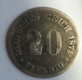 20 PFENNIG 1874 GERMAN REICH SILVER - NOTE HAS A DENT ON THE BACK SEE SCANS-SCARCE COIN