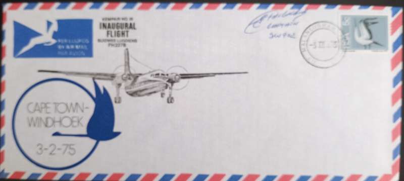 SWA FIRST FLIGHT CAPETOWN -WINGHOEK FH2278-1975 CAPTAIN SIGNED