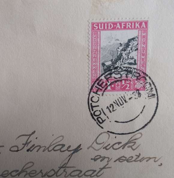 VOORTREKKER 1938 CANCEL POTCHESTORM FDC ADDRESSED TO THE ARTIST WHO DESIGNED  SWA FDCS D,FINLAY