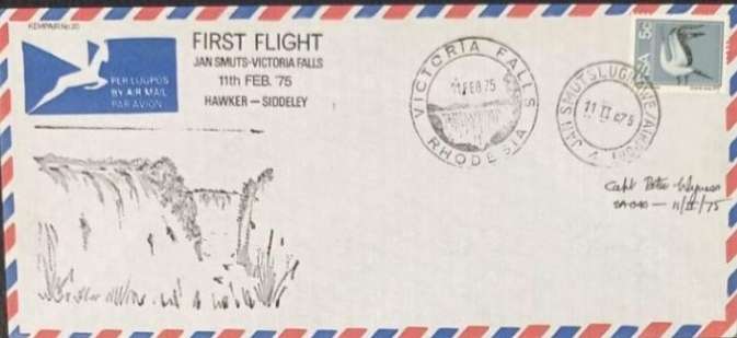 FIRST FLIGHT HAWKER-SIDDELEY -JAN SMUTS-VICTORIA FALLS 1975
