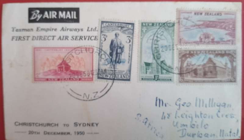 TASMAN EMPIRE AIRWAYS FIRST DIRECT AIR SERVICE NEW ZEALAND VIA SYDNEY TO DURBAN.NATAL 1950
