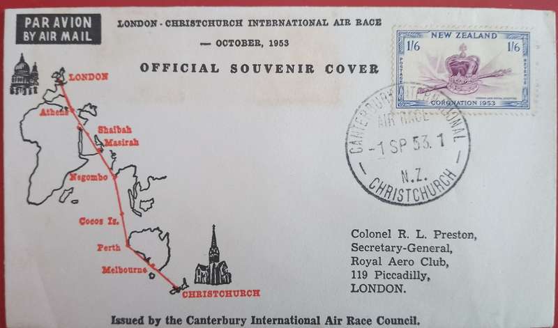 New Zealand 1953 London to Christchurch International Air Race Souvenir Cover