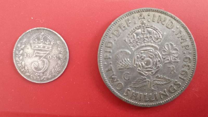 GB SILVER 1938 2 SHILLINGS 50% SILVER AND 1903 TICKEY .925 SILVER CONTENT