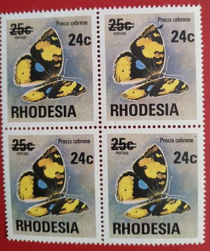 RHODESIA 1976 DEFINITIVE SACC 291 SURCHARGE 24 CENT BLOCK of 4  MINT VARIETY WING FLAW SEE SCANS