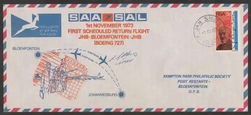 SAA FIRST FLIGHT JHB-BLOEMFONTEIN BOEING 727 -1973 SIGNED BY CAPTAIN