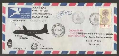 SAA 1ST FLIGHT JHB - SELEBI PIKWE SIGNED CAPTAIN-1974