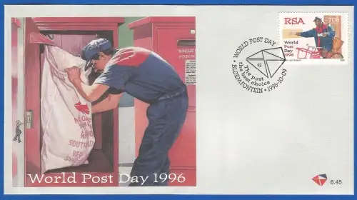 RSA-FDC-1996-SACC 6.45-World Post Day-Thematic-Post-man