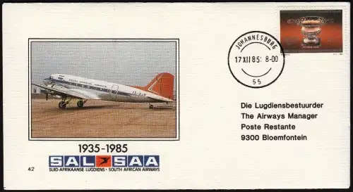 RSA 1985: SAA COVER NO 42 - 50years LOCAL SERVICE JHB - BLOEMFONTEIN