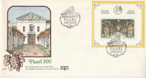 RSA 1987 National Philatelic Exhibition (Paarl 300) MS 2 Foundation Cover