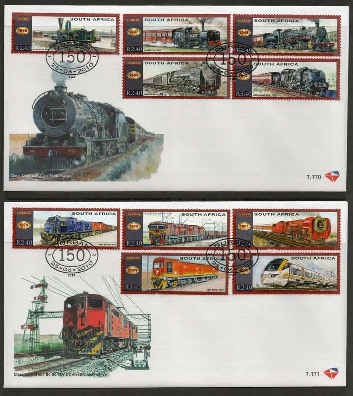 South Africa 2010 Trains set of 10 on 2 FDC's 7.170-7.171. Cat R120 (2023-25)