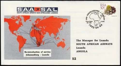 RSA 1992: SAA COVER NO 52 - RE-INTRODUCTION OF SERVICE - JHB to LUANDA