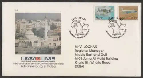 SA AIRWAYS (SAA) FLIGHT COVER # 55 - 1993 FLIGHT JHB - DUBAI