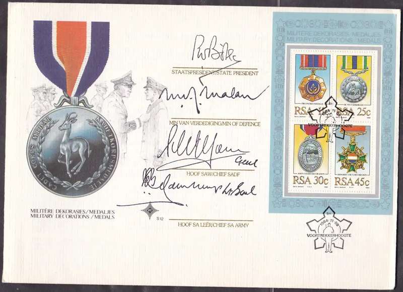 RSA - MILITARY MEDALS, FDC S12 WITH SEVERAL SIGNATURES INCLUDING P.W. BOTHA & MALAN 1984