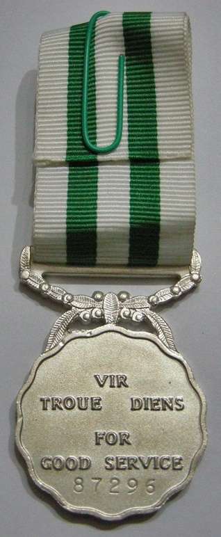Full Size SADF Good Service Medal 20 Years Silver Numbered 87296 (Specific Medal in Matthysen)