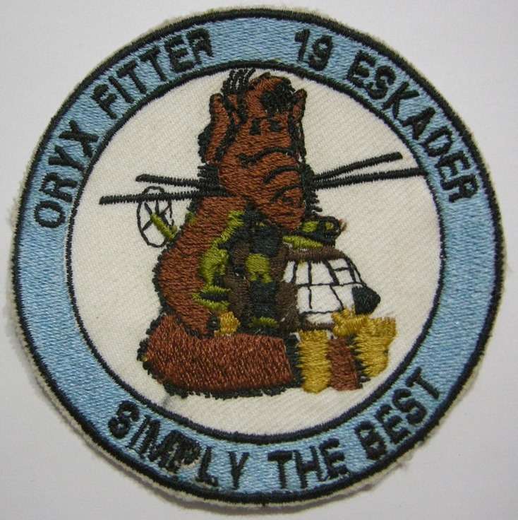 SAAF 19 Squadron Oryx Fitter Patch Embroidered on Material 86mm