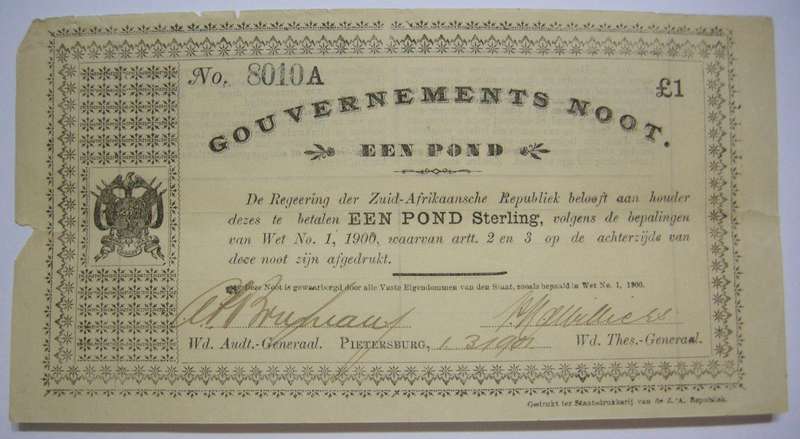1901 ZAR Boer War Era Pietersburg Issue Een Pond Gouvernements Noot 1.3.1901