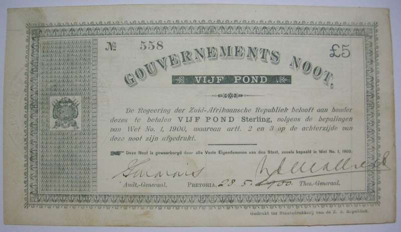 1900 ZAR Boer War Era Pretoria Issue Vijf Pond Gouvernements Noot 28.5.1900