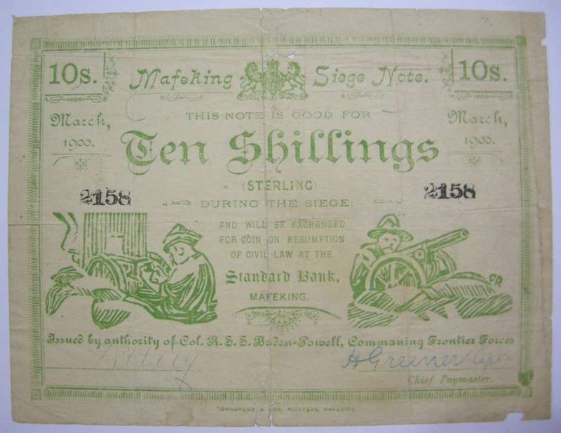 March 1900 ZAR Boer War Era Mafikeng Siege Note Ten Shillings (Note Condition)