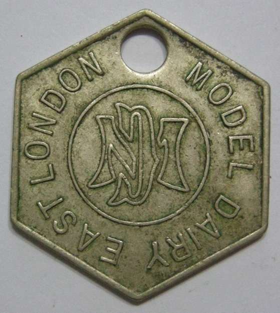Model Dairy East London One Pint Milk Token Cu/Nickel 26.1 x 29.6mm Hexagon Hern 366f