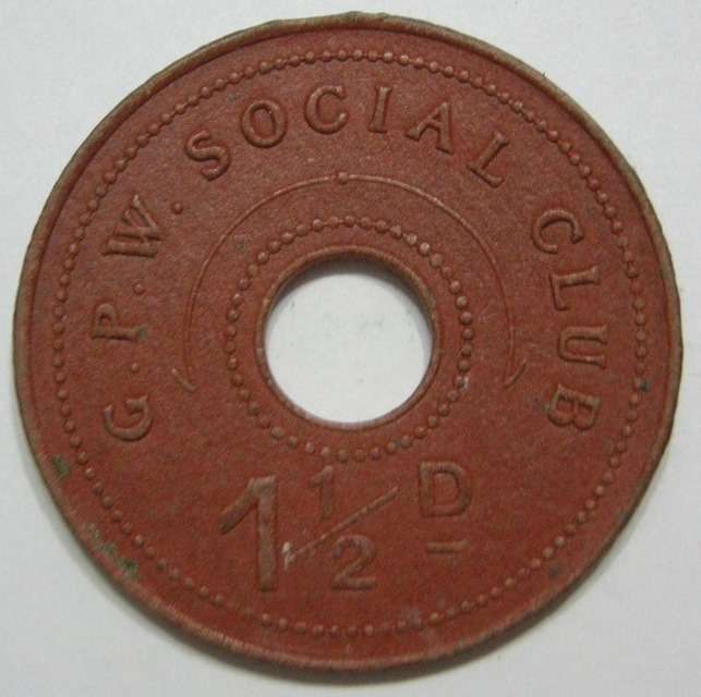 Government Printing Works Social Club 1½D Token Red Fibre 31mm Hern 244k