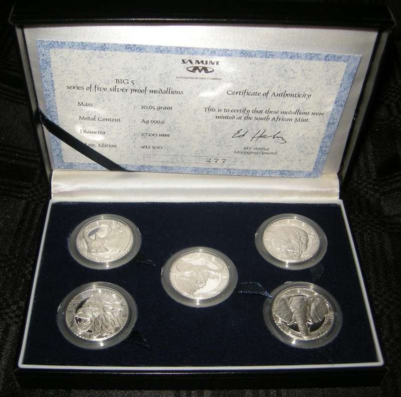 Big 5 Silver Proof Medallion Set w/ Certificate 277 In Original SA Mint Box