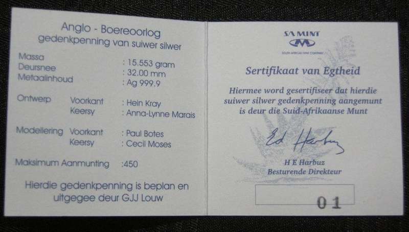 Anglo-Boereoorlog Bittereinder Gedenkpenning No 1 Certificate of Authenticity Original SA Mint Box