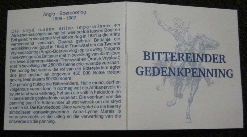 Anglo-Boereoorlog Bittereinder Gedenkpenning No 1 Certificate of Authenticity Original SA Mint Box