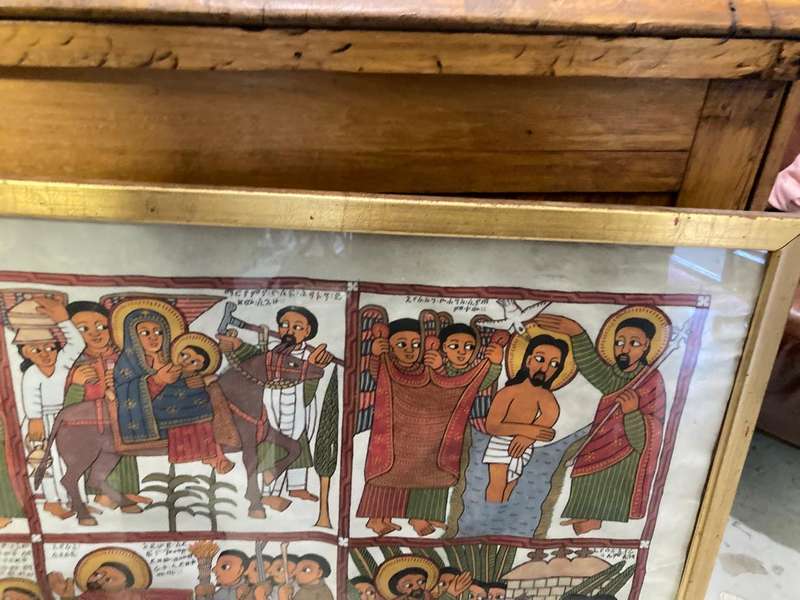 Rare Ethiopian Coptic Church Painting on Cowhide :the life of Jesus ( 93 x 67 cm )
