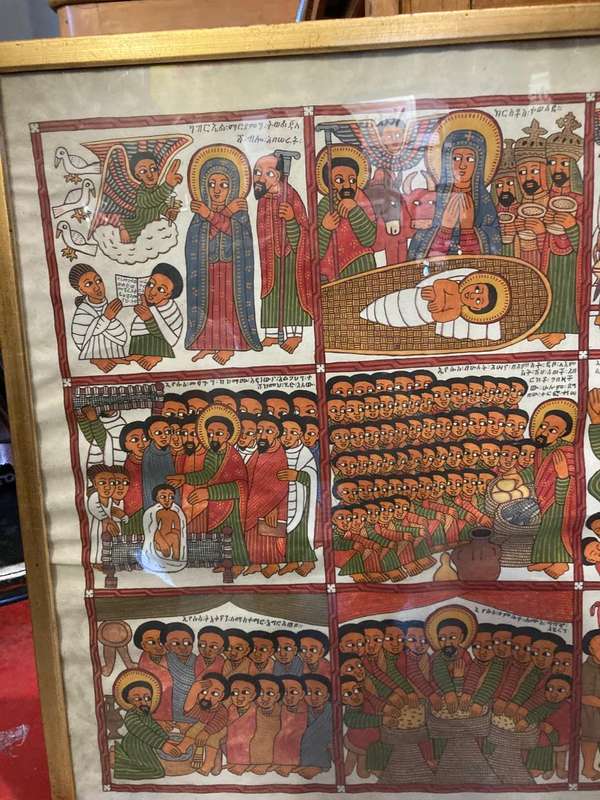Rare Ethiopian Coptic Church Painting on Cowhide :the life of Jesus ( 93 x 67 cm )