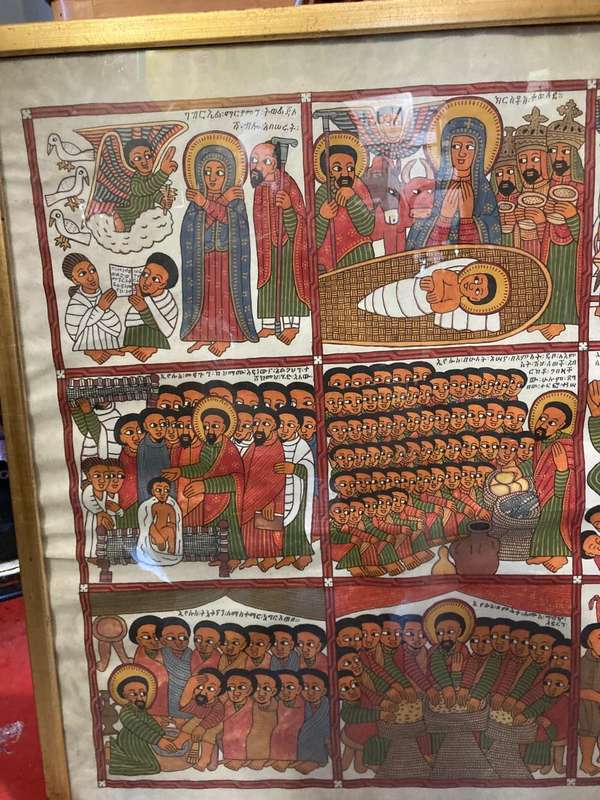 Rare Ethiopian Coptic Church Painting on Cowhide :the life of Jesus ( 93 x 67 cm )