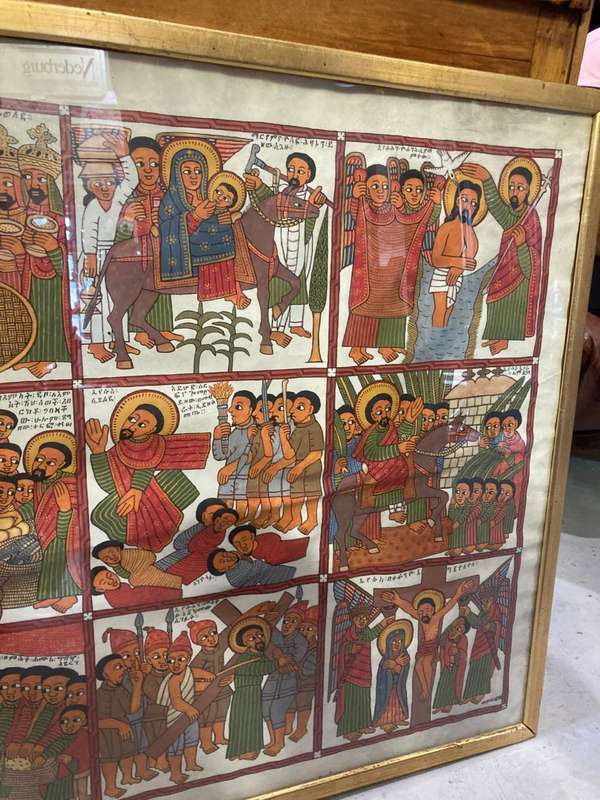 Rare Ethiopian Coptic Church Painting on Cowhide :the life of Jesus ( 93 x 67 cm )