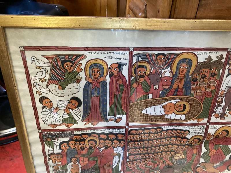 Rare Ethiopian Coptic Church Painting on Cowhide :the life of Jesus ( 93 x 67 cm )