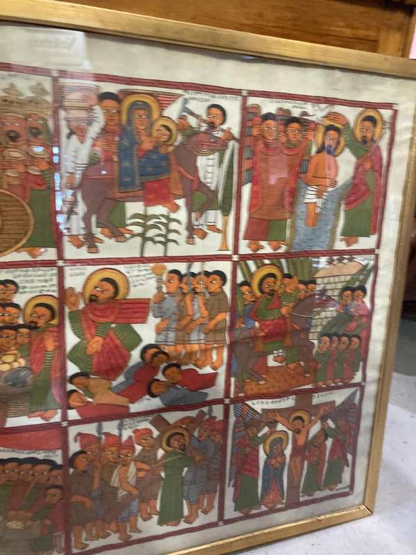 Rare Ethiopian Coptic Church Painting on Cowhide :the life of Jesus ( 93 x 67 cm )