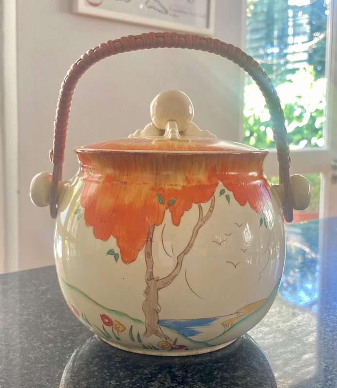Rare Clarice Cliff Biscuit Barrel Orange Taormina Pattern