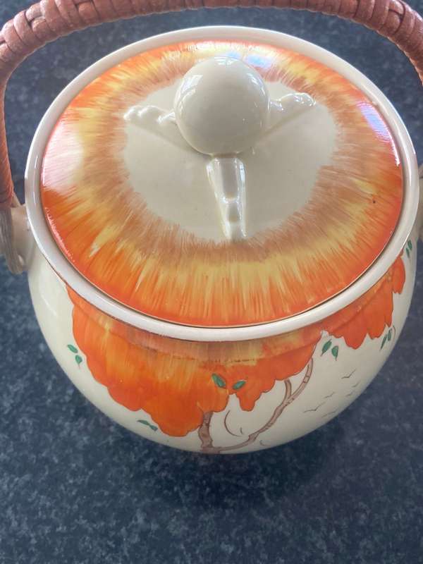 Rare Clarice Cliff Biscuit Barrel Orange Taormina Pattern