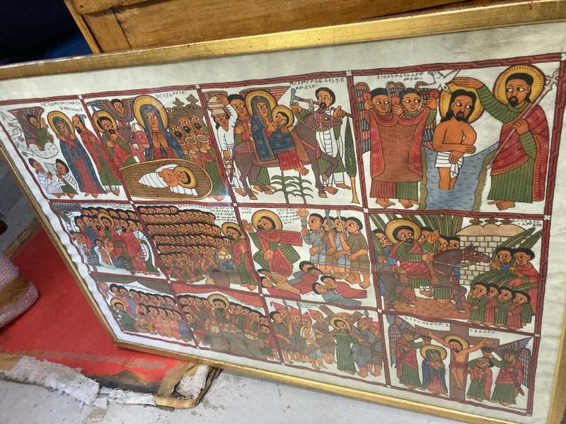 Rare Ethiopian Coptic Church Painting on Cowhide :the life of Jesus ( 93 x 67 cm )