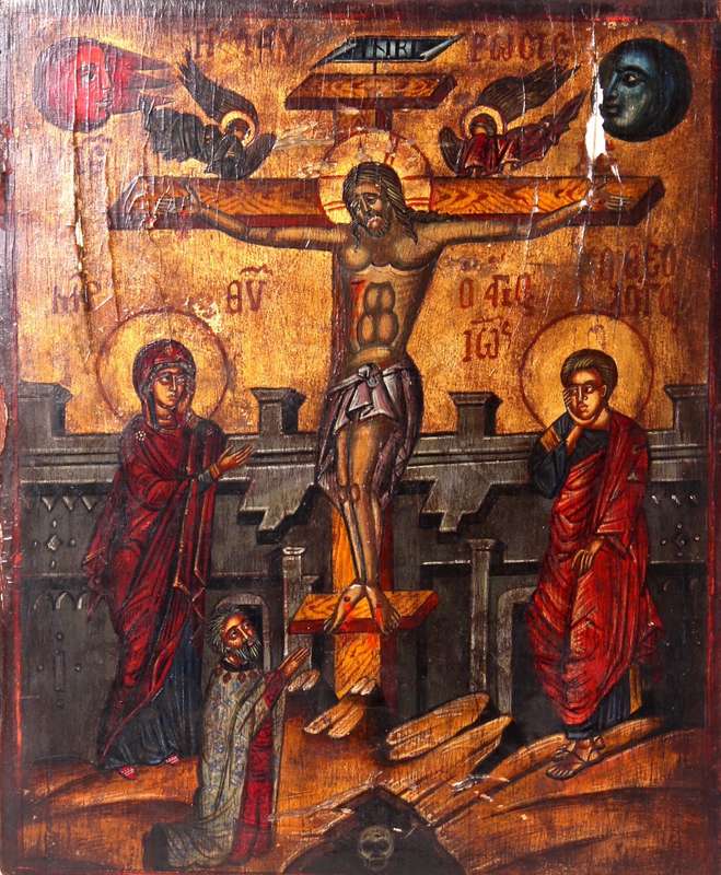 Rare Byzantine/ Russion Icon oil on panel: Crucifixion ( 34 x 26 cm )
