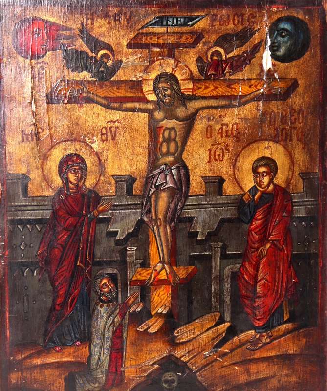 Rare Byzantine/ Russion Icon oil on panel: Crucifixion ( 34 x 26 cm )